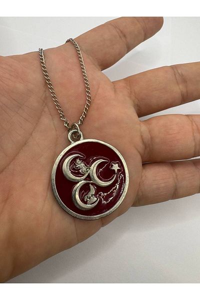 Herşey Nota Three Crescent Tuğralı Bozkurt and Moon Star Figured Necklace – Silver Color Unisex Metal Jewelry