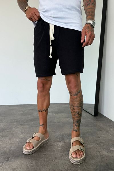 MADZEYMODA Men's Black Elastic Waist Muslin Fabric Bermuda Shorts Ke-7002