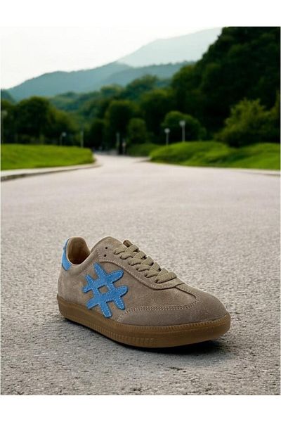 Afilli Women's Beige Blue Suede Genuine Leather Thin Flat Sole Daily Casual Sneaker Walking Sports Shoes