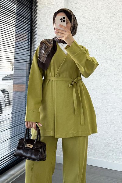 MELEK ARAZ Waist-Tie Button Detailed Linen Suit - Oil Green