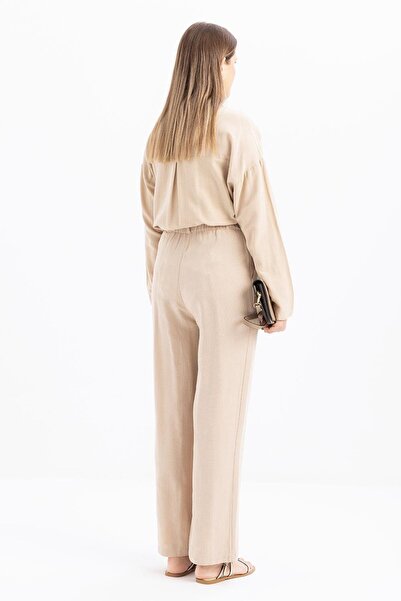 ALLDAY Beige-Pleated Wide Leg Linen Trousers