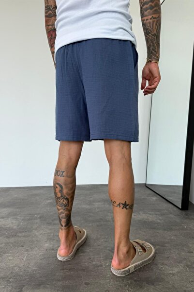 MADZEYMODA Ανδρικό σορτς βερμούδας Indigo Blue με ελαστική μέση από ύφασμα μουσελίνας KE-7002