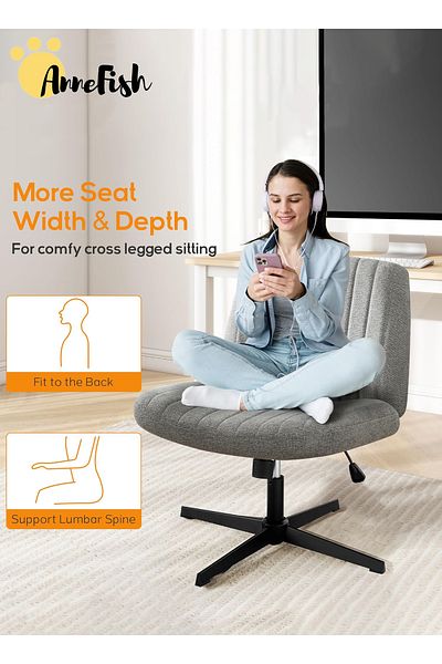 AnneFish Criss Cross Legged Office Chair Wide Desk Chair Armless Computer Task Chair Swivel Vanity Home Chair