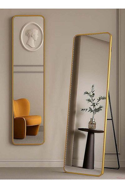 Taimi Full Length Mirror with Aluminum Frame and Metal Stand - 120 x 30 cm - Gold