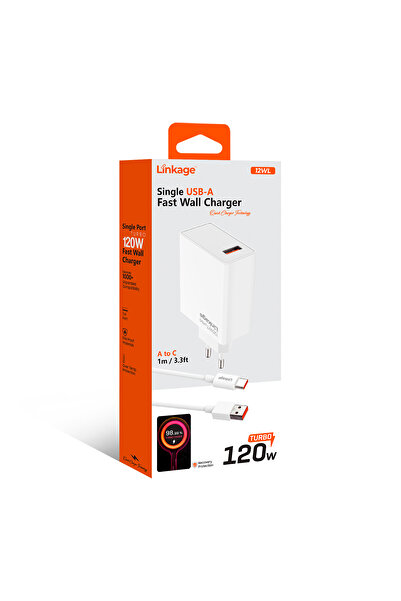 Linkage 12WL 120W Turbo Hızlı Şarj Adaptörü + 1m USB-A to Type-C Kablo | Tek Port | Ev & Seyahat Tip