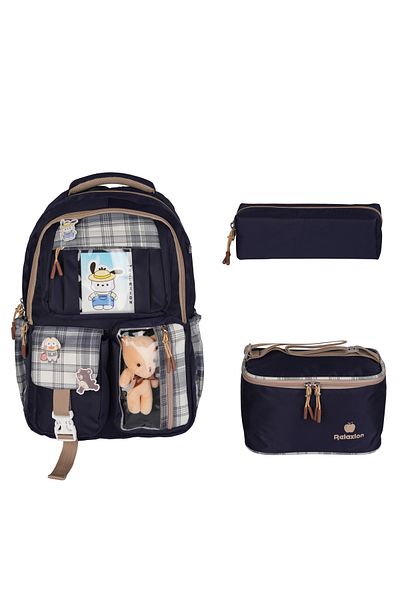 Relaxion Rlx-1395 Set of 3 Children's Primary School Bag Backpack with Pen Holder and Lunch Bag Dark Blue