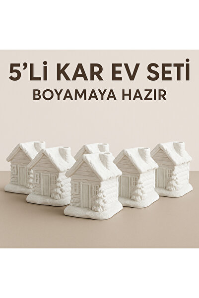 WeSank 5’li Kar Ev Temalı Boyanabilir Alçı Obje – El Yapımı Hobi & Dekoratif Set