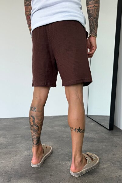 MADZEYMODA Men's Brown Elastic Waist Muslin Fabric Bermuda Shorts Ke-7002