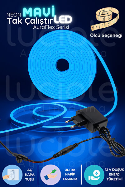 luciole 3 Metre Mavi Neon LED Işık | AuraFlex | Aç-Kapa Anahtarlı Priz Tipi Şerit Aydınlatma