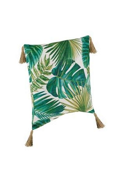 Jumbo Summer Decorative Pillow White Green Tropical Leaves Beige Tassels 50 x 50 cm