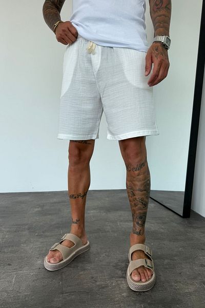 MADZEYMODA Men's White Elastic Waist Muslin Fabric Bermuda Shorts Ke-7002