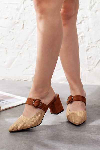 Adım Adım Women's Brown Heeled Straw Slippers