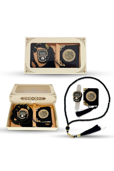 Yeşilipek 3lü Özel Tasarım Kutulu Tesbih ve Kuran ve Zikirmatik Set Siyah