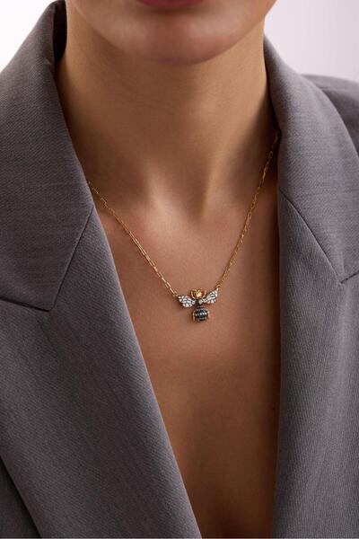 Tufanlar Kuyumculuk 14 Ayar Ataç Zincirli Arı Mineli Altın Kolye