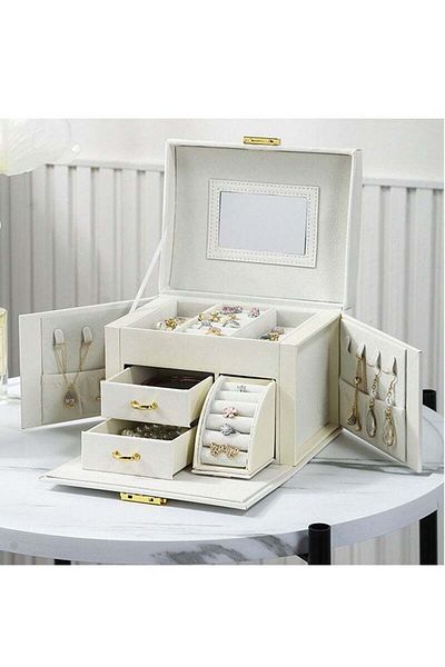 COOYA Jewelry Box Organizer for Girls Women, Baroque, with Mirror and Drawers for Bracelets, White