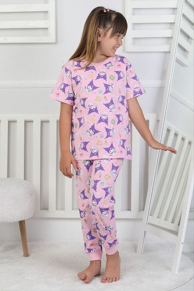 bunny hopp 100% Cotton Pink Patterned Short Sleeve Cuff Leg Girl's Pajama Set 3-8 Years