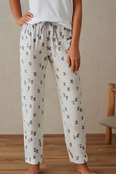Elemge Women's White Pajama Bottoms Cotton Elastane Elephant Pattern Comfortable Fit with Ribbon Stretchy Soft Textured Pocketless