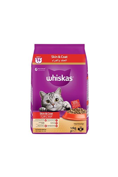 Whiskas Skin and Coat Chicken and Salmon Flavour Dry Cat Food - 1.1 kg