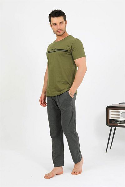 Celira Men's Cotton Short Sleeve Pajamas Suit Khaki