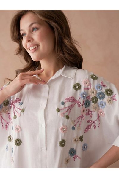 Stilmony Women's Embroidered Linen Fabric Oversize Buttoned Shirt