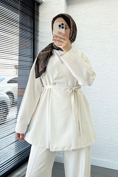 MELEK ARAZ Waist Tied Button Detailed Linen Suit -Ecru