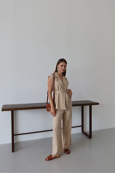 Patreon Set pantaloni vestă de in cu legare în talie
