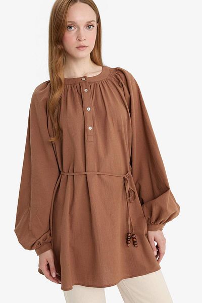 DeFacto Muslin Basic Plain Lace-Up Long Sleeve Shirt Tunic D4396Ax25Sm