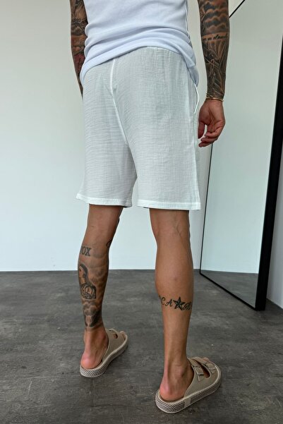 MADZEYMODA Ανδρικό λευκό ελαστικό ύφασμα μουσελίνας σορτς βερμούδας KE-7002