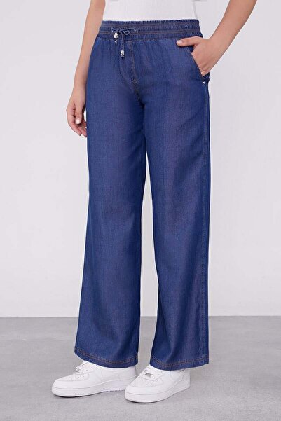 Levidor 410087 BELİ LASTİKLİ İP DETAYLI ÖNDEN CEPLİ GENİŞ PAÇA PANTOLON #03-25#