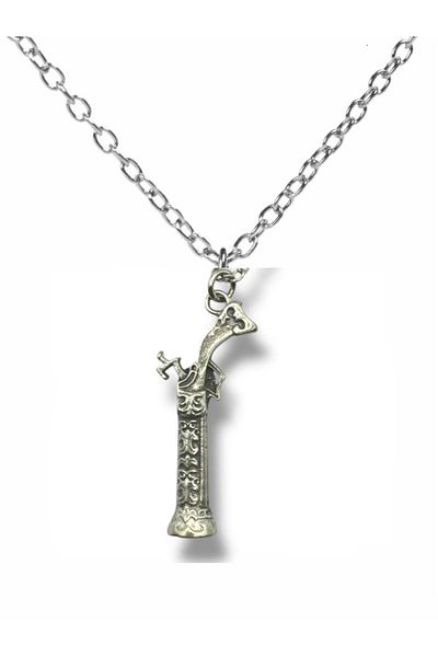 Herşey Nota Retro Necklace with Pirate Rifle Figure – Silver Color Unisex Metal Jewelry