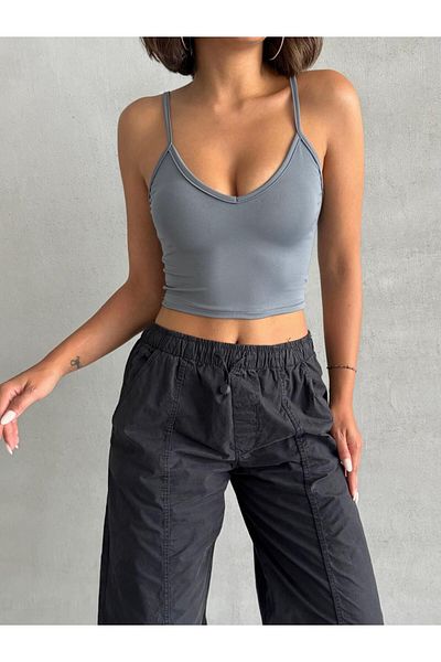The Base Women's Smoked Scuba Fabric Front Back (V-Neck) Crop Top with Rope Strap