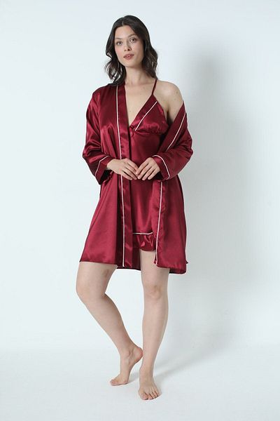 Astra Plus 6-Piece Women's Burgundy Satin Nightgown-Dressing Gown-Shorts Set Dowry Set Boxed - Burgundy - Astps86G30H-Bio