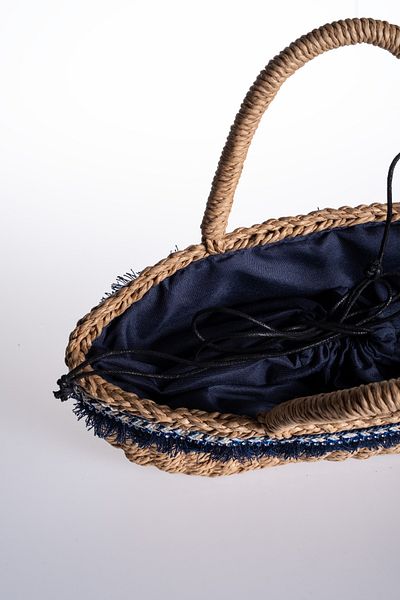 Oblavion Drawstring Lined Navy Blue Accessory Straw Bag