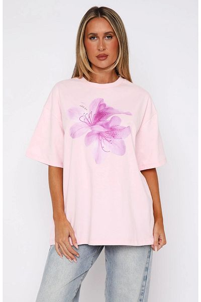 GIA - ART Women's Lilac Floral Patterned Oversize Pink T-Shirt 100% Cotton