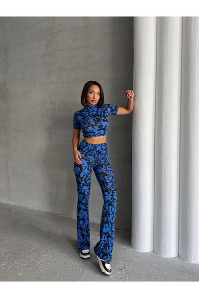 ladyzey Women's Wave Pattern Blue Turtleneck Crop Blouse and Spanish Leg Pants Suit