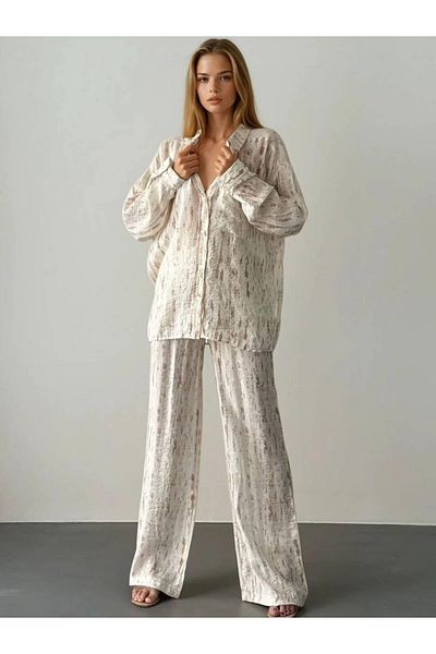 Coral Batik Patterned Shirt Trousers Set Beige