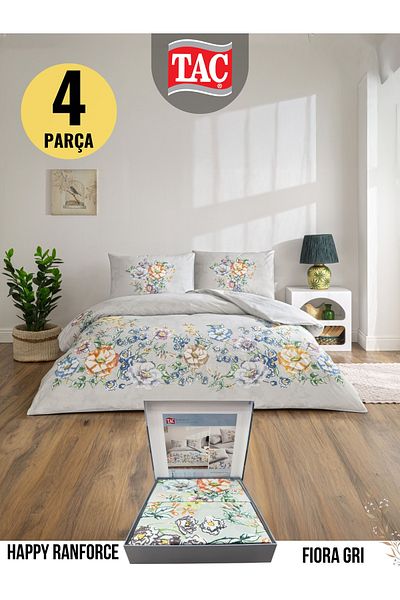 Taç Fiora Gray Ranforce Double Duvet Cover Set 200X220 cm