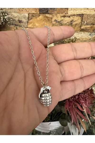 Herşey Nota Metal Necklace with Grenade Figure – Silver Color Unisex Military Style Jewelry