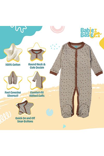 Babies Basic 100% Cotton Printed Long Sleeves Jumpsuit/Romper/Sleepsuit for babies