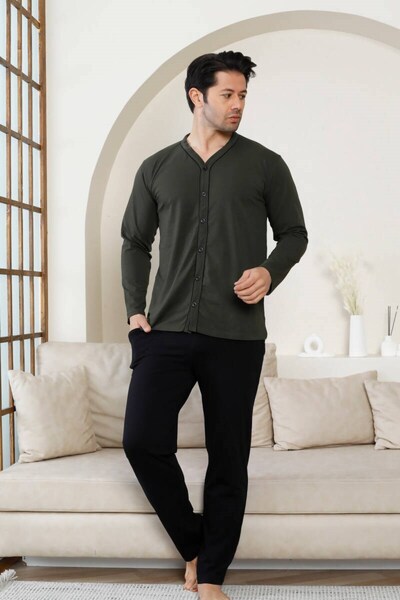 ALİMER Men's Khaki V-Neck Front Buttoned Cotton Lycra Transitional Long Sleeve Pajama Set with Pockets