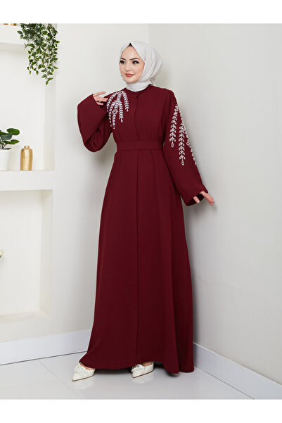 EFSUN MODA Taşli Abaya Tesettür Gıyım Kadın Ferace Elbıse Bordo