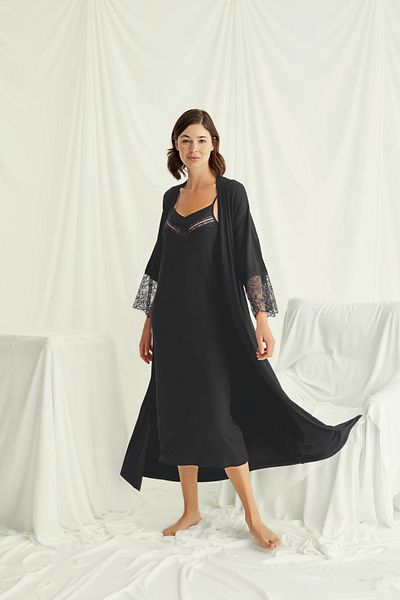 MONAMİSE Women's Low-Cut Collar and Sleeves Lace Dressing Gown Nightgown Set 18507