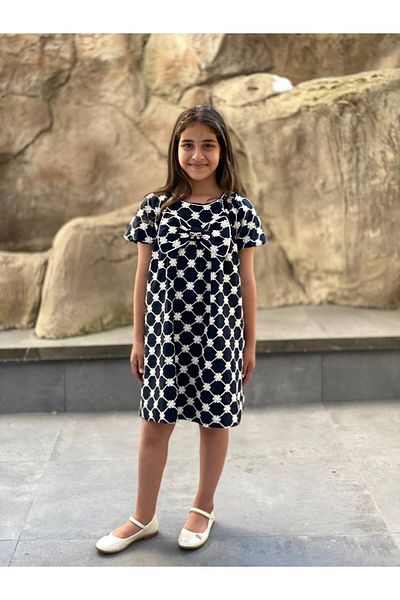 HÇ Hülya Çelik KİDSWEAR 2018 Girl's Cotton Floral Embroidered Bow Summer Navy Blue Dress