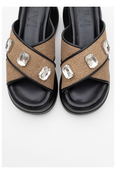LuviShoes Giev Black Straw Stone Wedge Sole Women's Slippers