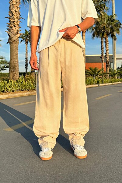 Flaw Wear Pleated Beige Linen Trousers