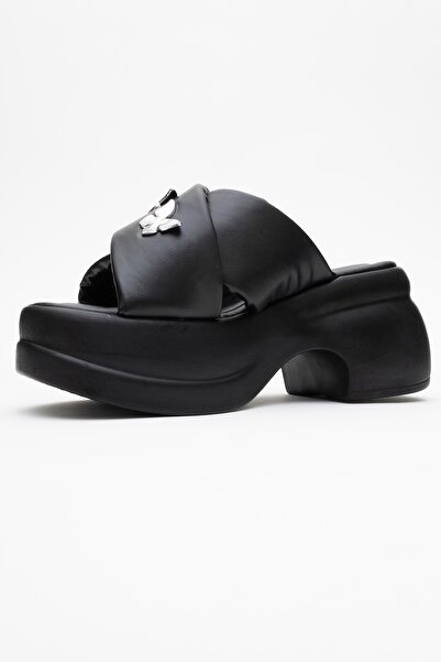 LuviShoes Force Black Butterfly Buckle Wedge Sole Women's Slippers