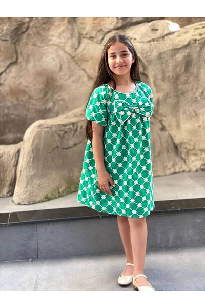 HÇ Hülya Çelik KİDSWEAR 2018 Girl's Cotton Floral Embroidered Bow Summer Green Dress