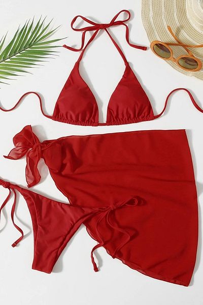 Angelsin Pareolu Tie-Up 3-Piece Bikini Set (Removable Covered)