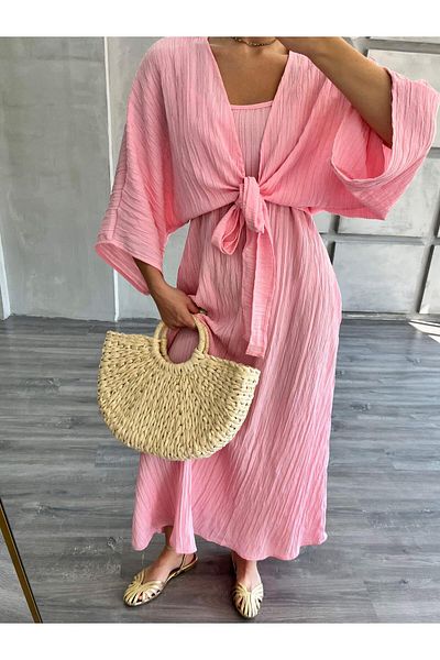 Coral Tie-Up Blouse Dress Set Pink