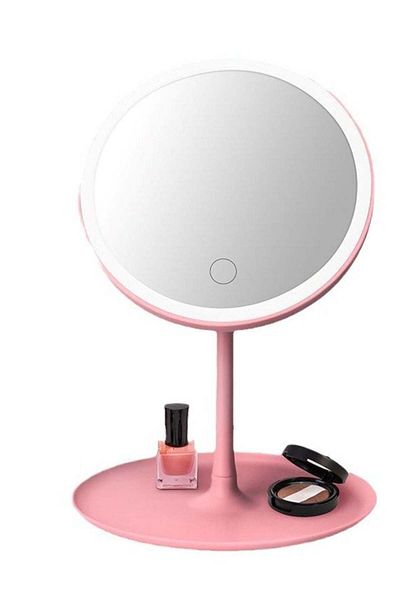 huitich Round Adjustable LED Makeup Mirror with Storage Tray Pink